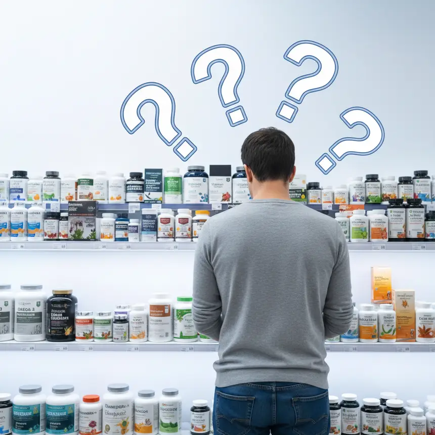 Confused shopper, supplement aisle