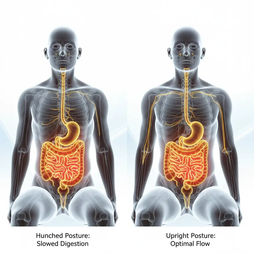 Indigestion causes, sitting posture effect, digestive organ compression